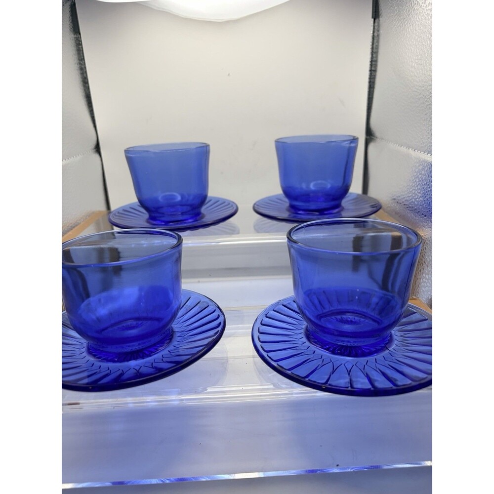 Vintage Cobalt Blue Macbeth Evans Petalware CondimentCups w/Attached Saucers (4)